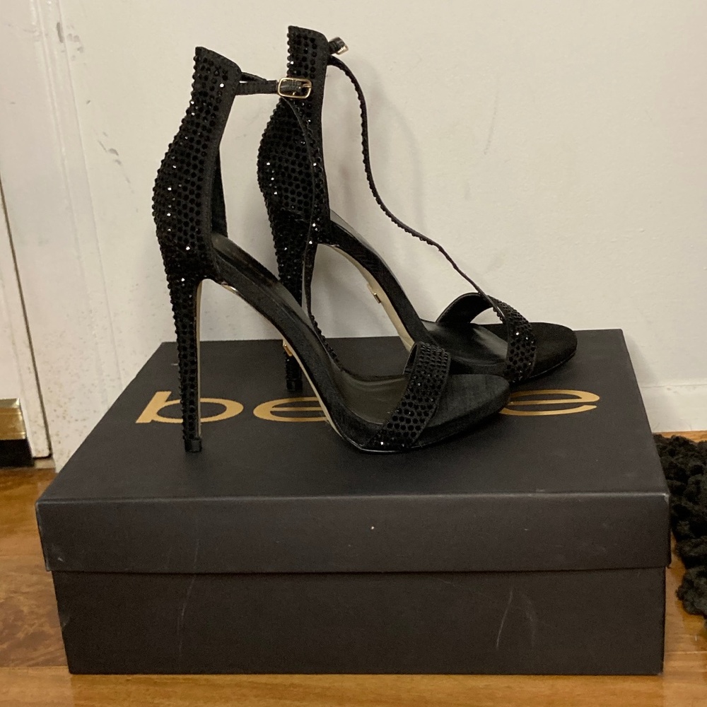 bebe Black Satinne Heels